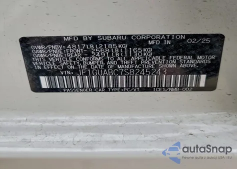 2025 Subaru Impreza z USA, uszkodzony, nr VIN JF1GUABC7S8245243